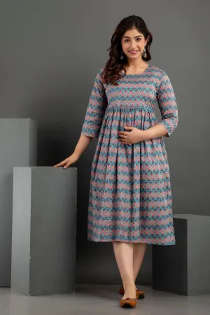 Grey Cotton Printed Maternity Baby feeding kurta