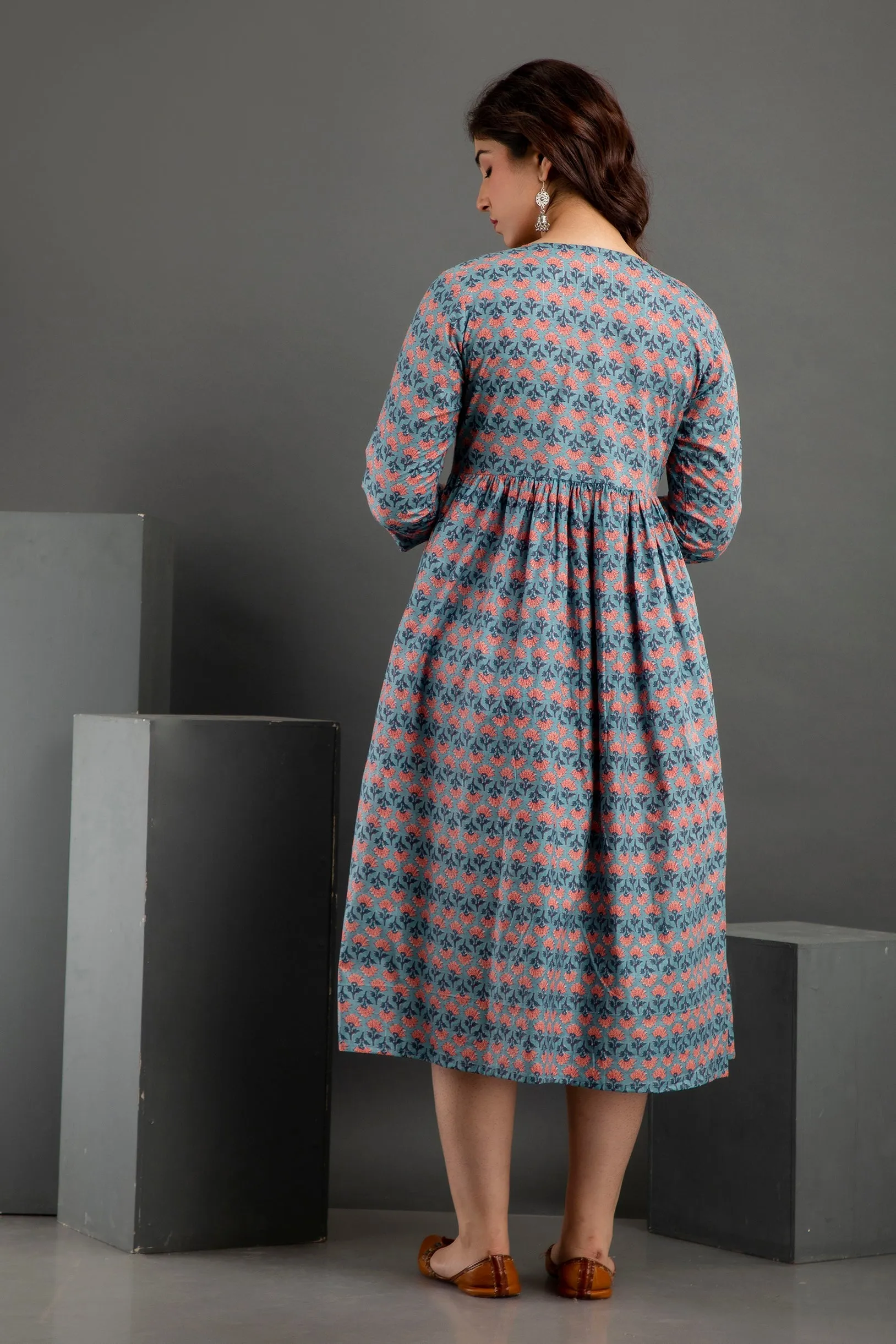 Grey Cotton Printed Maternity Baby feeding kurta