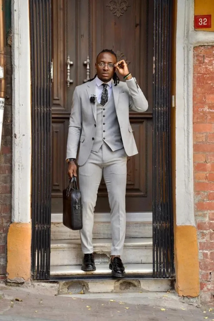 Grey three-piece slim fit formal suit for men