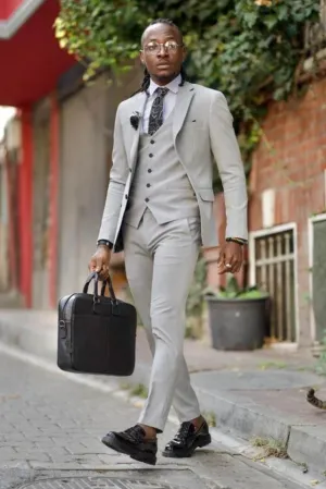Grey three-piece slim fit formal suit for men