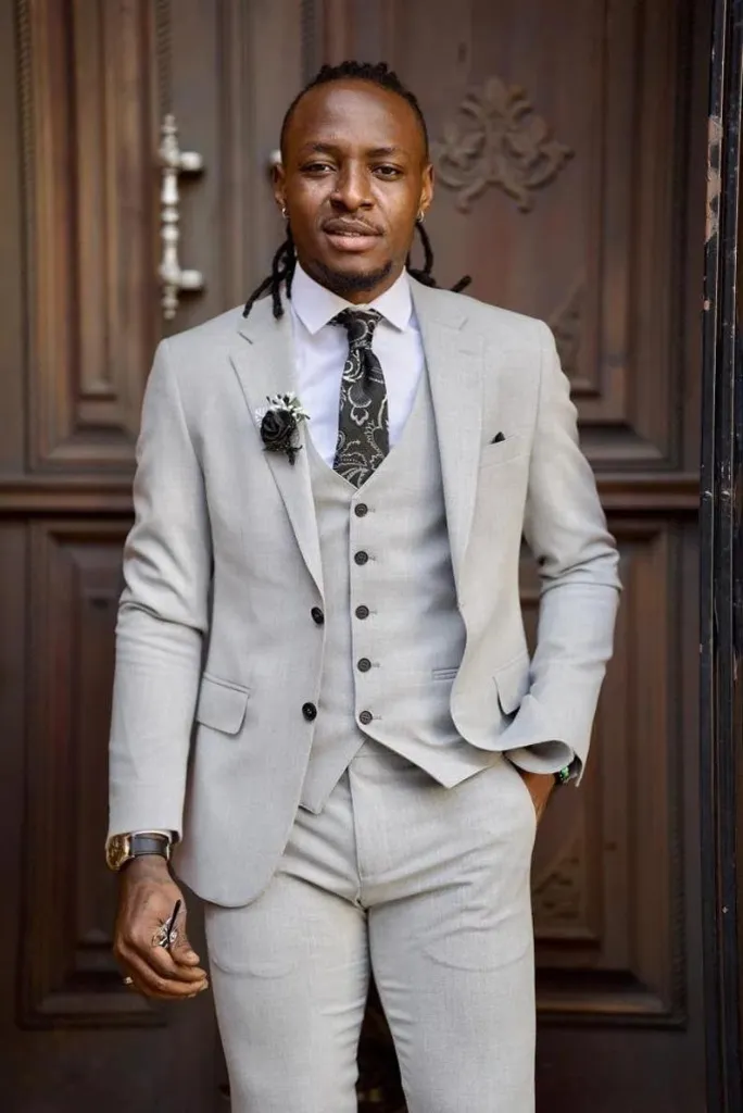 Grey three-piece slim fit formal suit for men