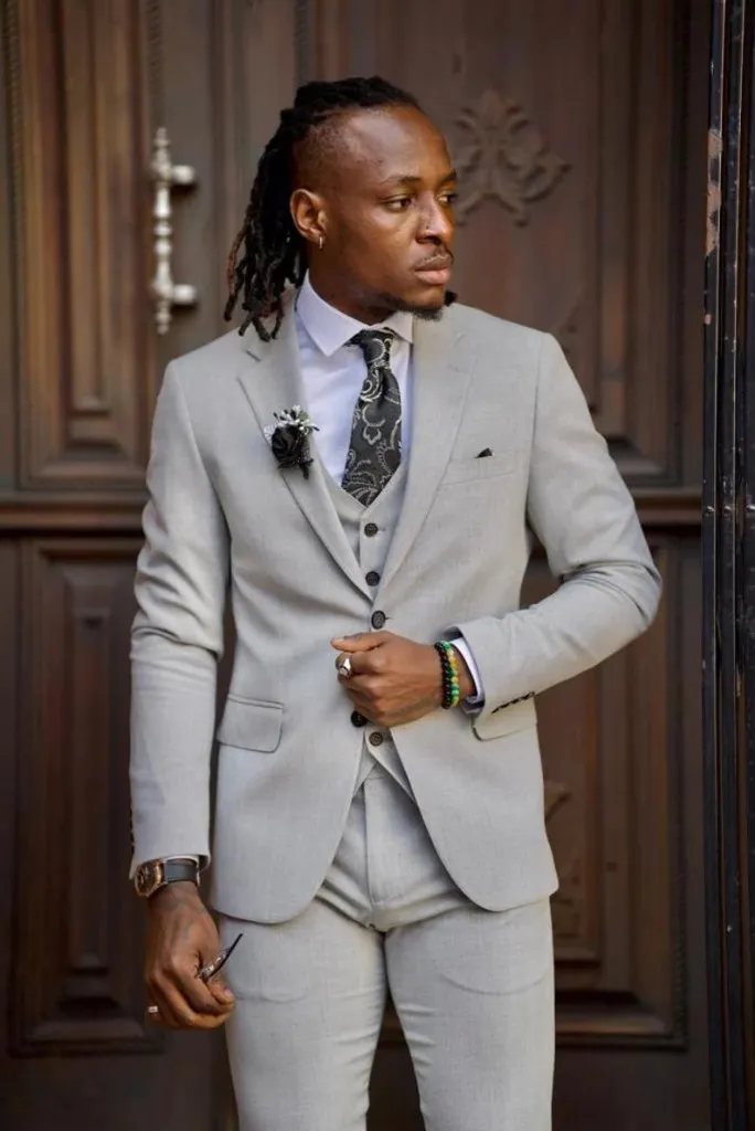 Grey three-piece slim fit formal suit for men