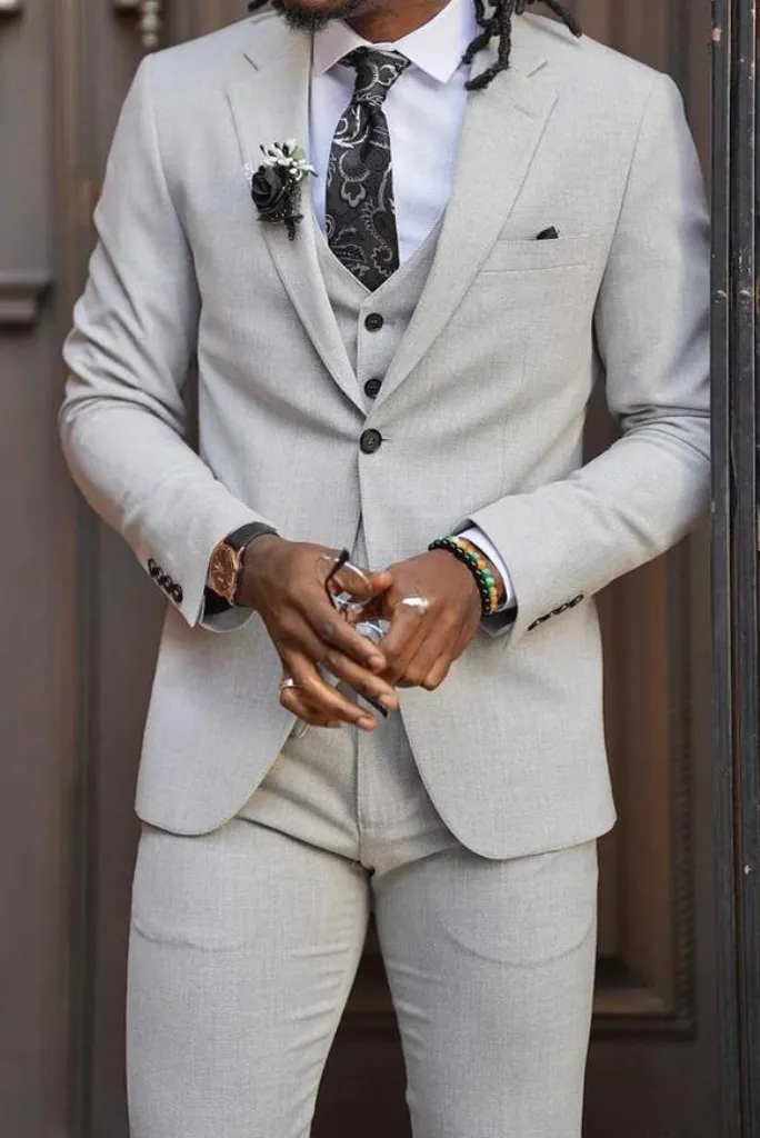 Grey three-piece slim fit formal suit for men