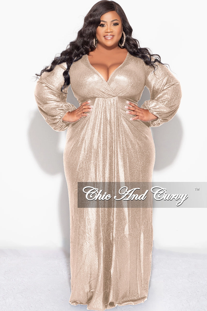 No Tag Final Sale Plus Size Faux Wrap Gown with Pleated Waist & Balloon Sleeves in Gold Metallic Lux Fabric