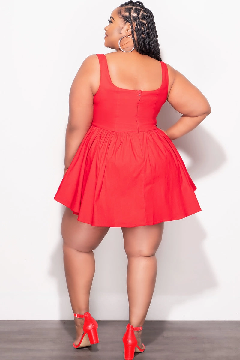 Eco Friendly Dye Flexible Seam Final Sale Plus Size Poplin Babydoll Flare Mini Dress in Red