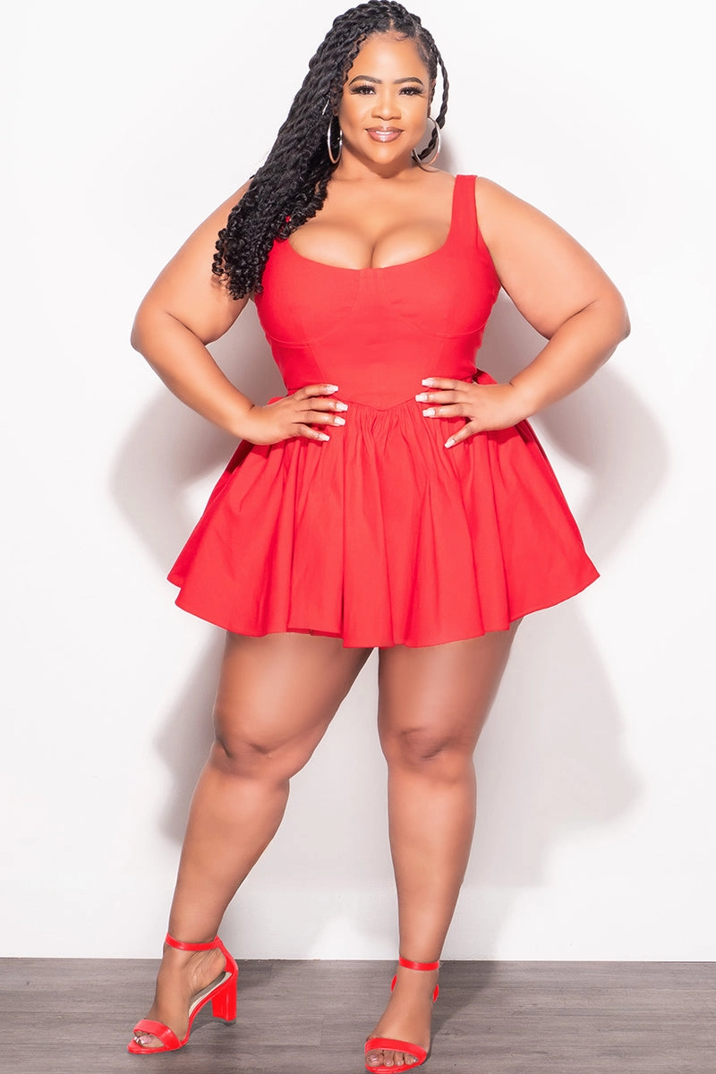 Frayed hem Chic Appeal Final Sale Plus Size Poplin Babydoll Flare Mini Dress in Red