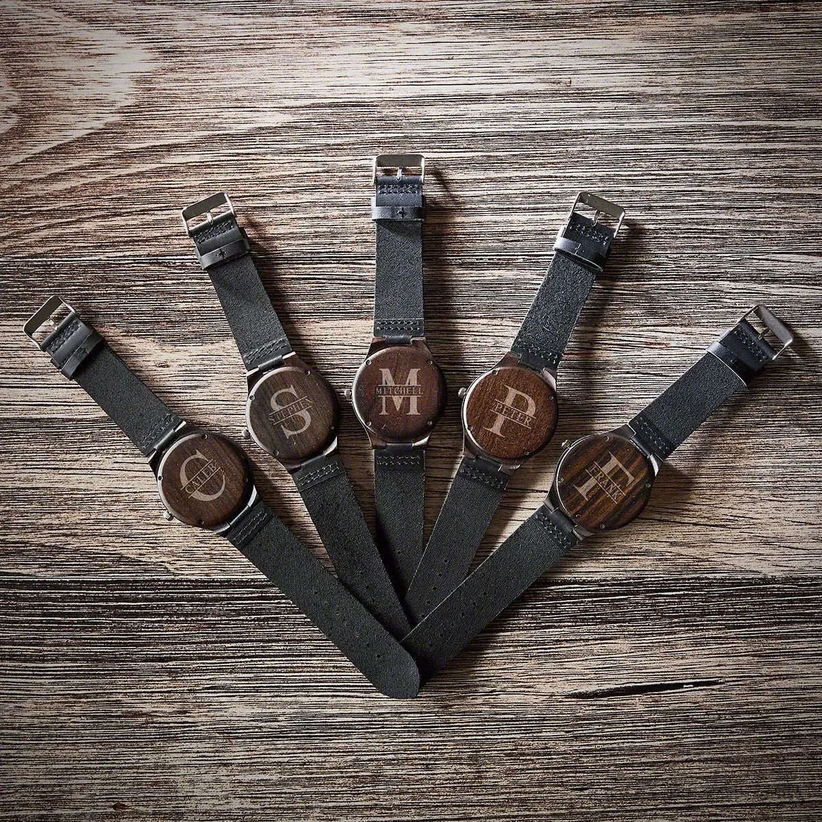 Groomsmen Watches Set of 5 Engraved Wood Watches with Leather Bands Brown