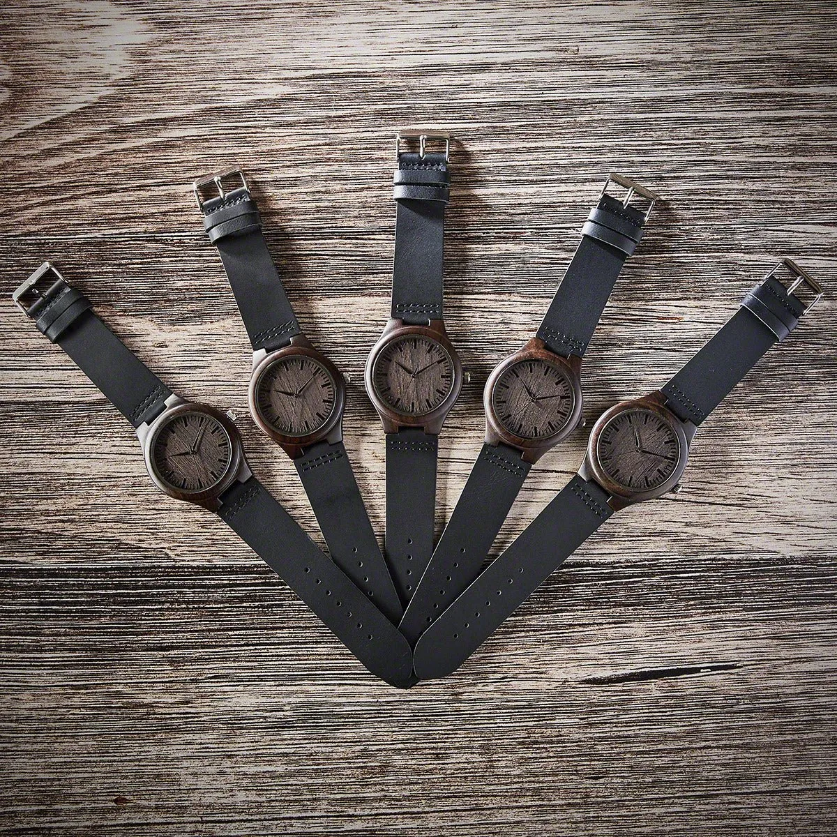 Groomsmen Watches Set of 5 Engraved Wood Watches with Leather Bands Brown