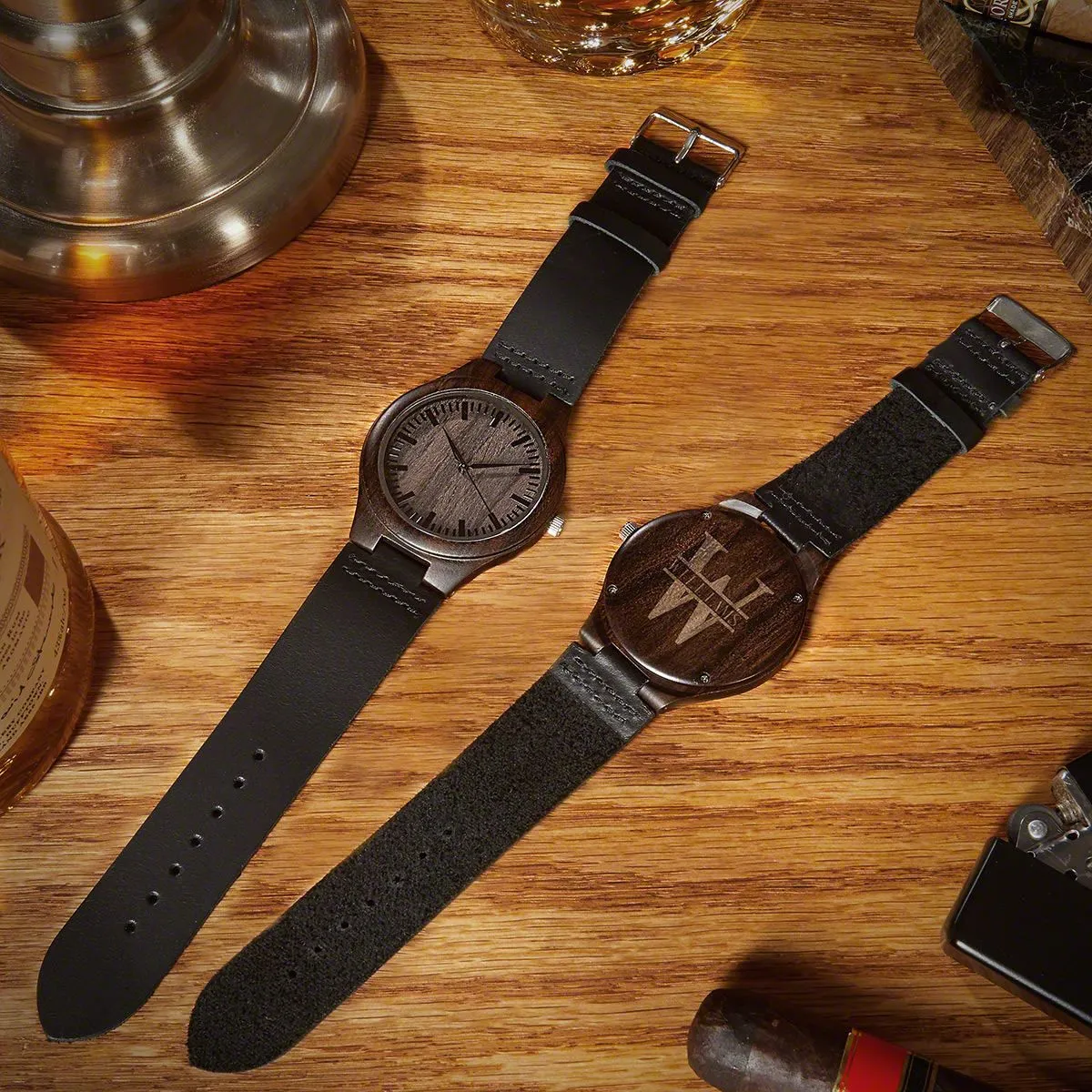 Groomsmen Watches Set of 5 Engraved Wood Watches with Leather Bands Brown