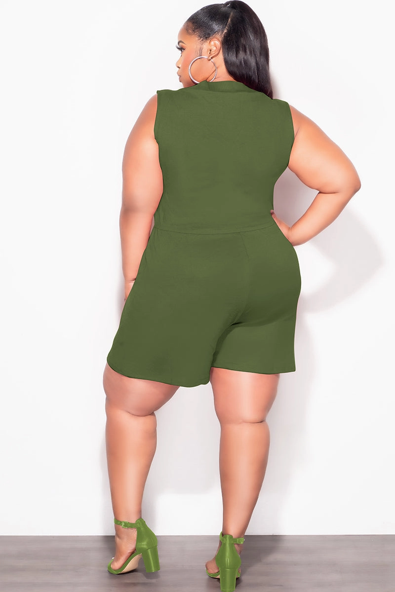 Final Sale Plus Size Sleeveless French Terry V Neck Romper in Olive EcoFriendlyMaterials
