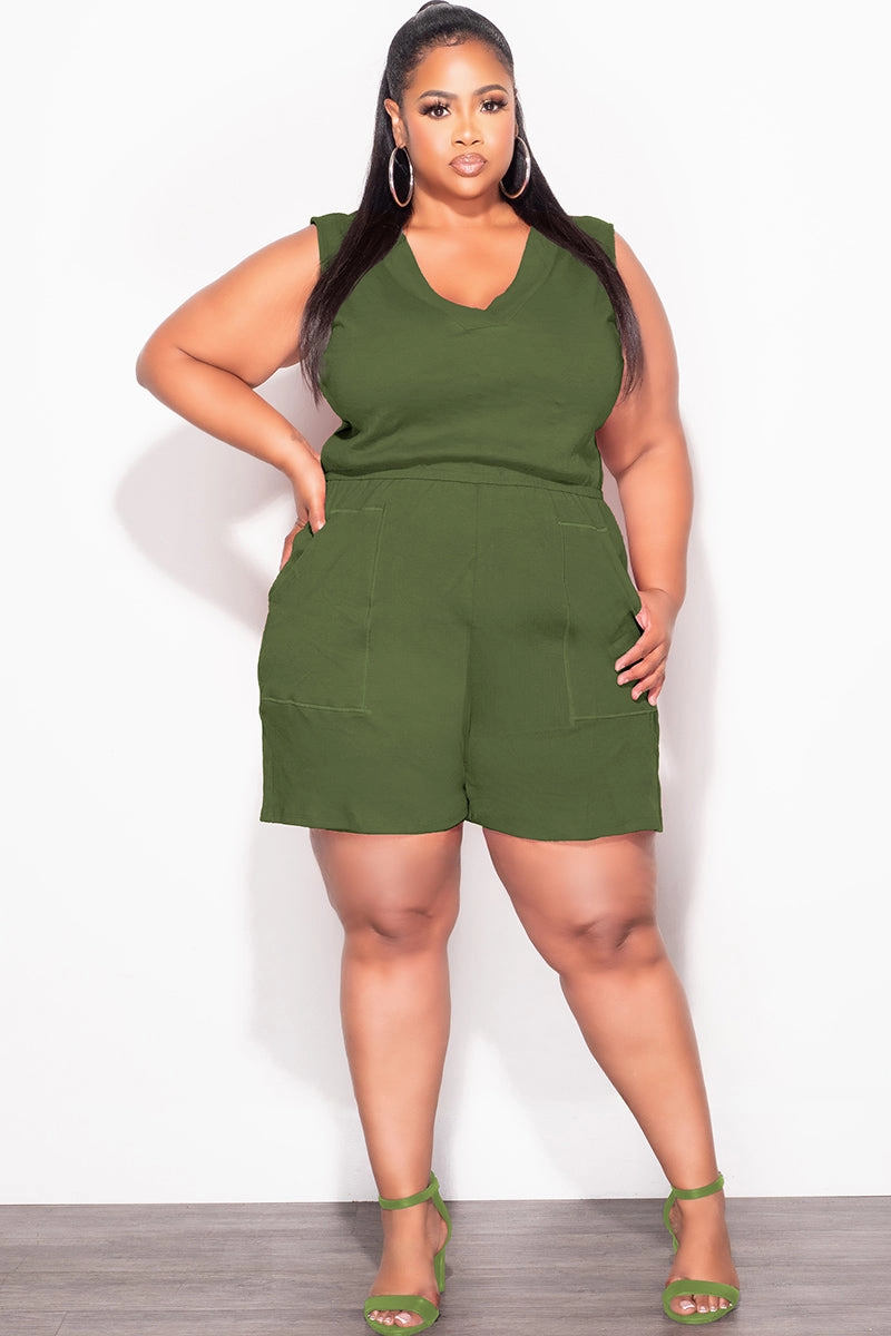 Ultra Soft Texture Comfy Wardrobe Final Sale Plus Size Sleeveless French Terry V Neck Romper in Olive