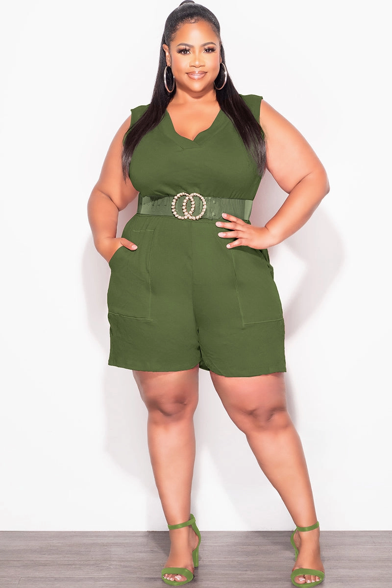 Anti Cling Finish Final Sale Plus Size Sleeveless French Terry V Neck Romper in Olive