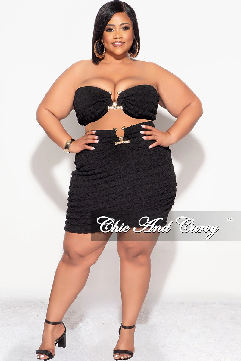 Work Essential Neutral Look Final Sale Plus Size 2pc Honeycomb Texture Strapless Top and Skirt Set in Black