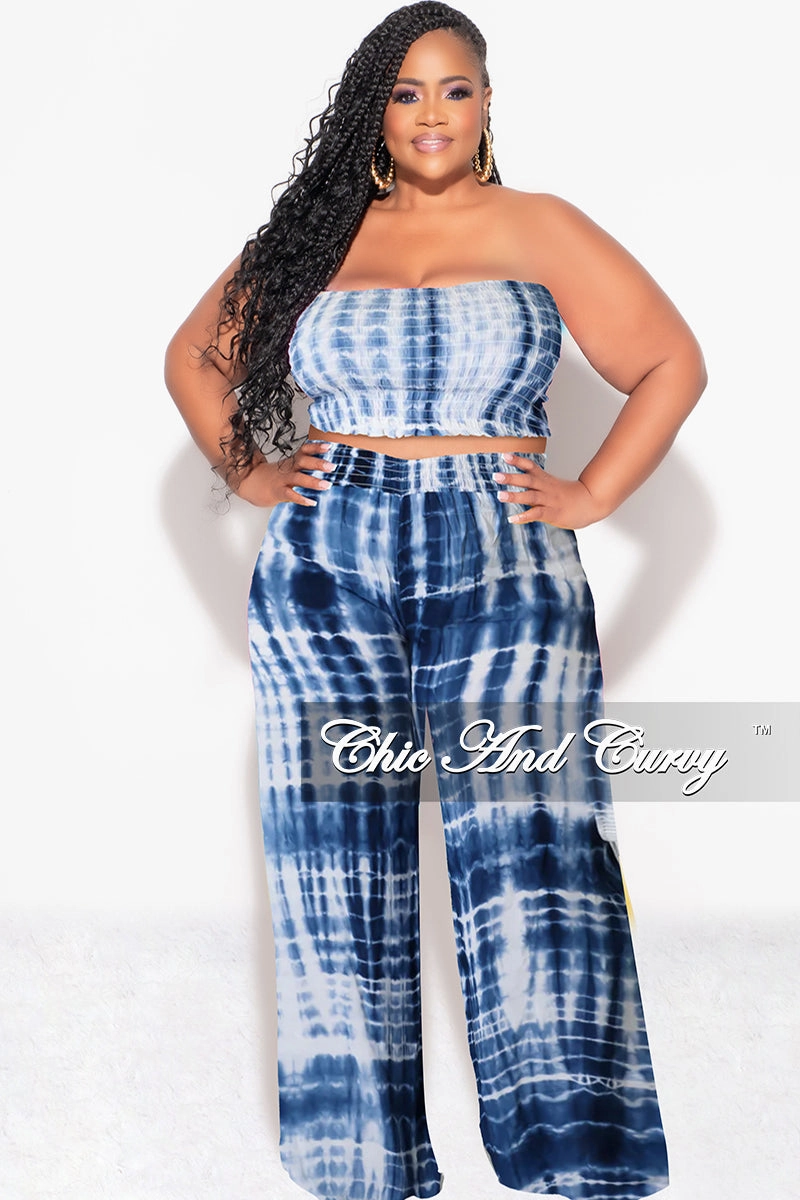 Ripstop Reinforcement Final Sale Plus Size 2pc Strapless Frill Crop Top and Palazzo Pants Set Blue & White Tie Dye Print
