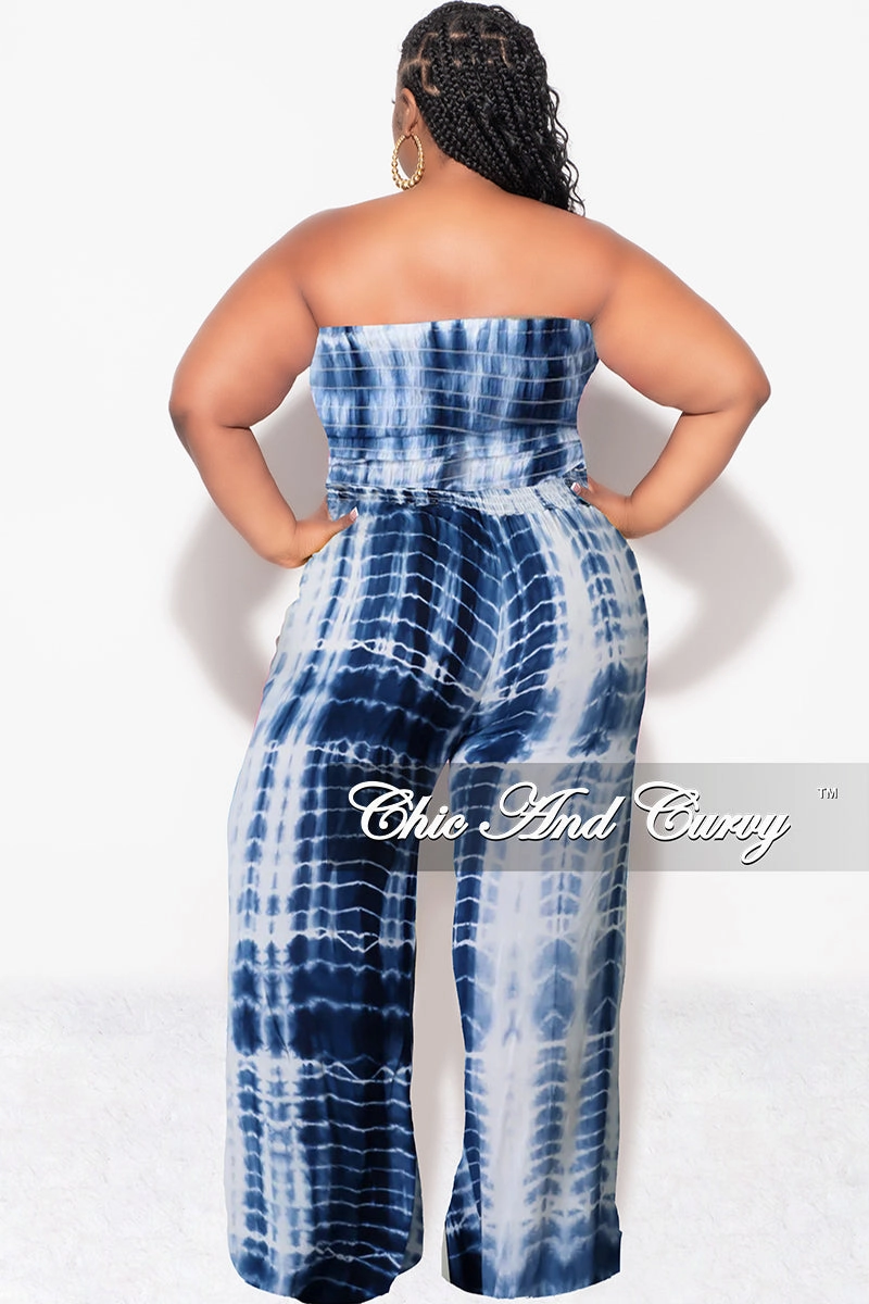 Eco Friendly Dye Process Seasonless wear Final Sale Plus Size 2pc Strapless Frill Crop Top and Palazzo Pants Set Blue & White Tie Dye Print