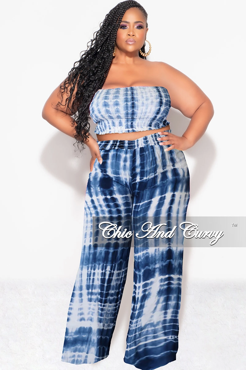 Final Sale Plus Size 2pc Strapless Frill Crop Top and Palazzo Pants Set Blue & White Tie Dye Print Stretch Motion