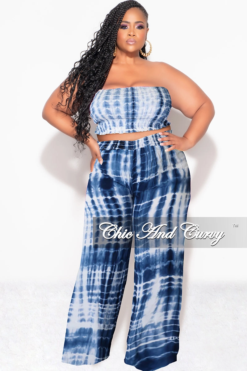 Non Binding Waist ThermalRegulatingLining Final Sale Plus Size 2pc Strapless Frill Crop Top and Palazzo Pants Set Blue & White Tie Dye Print