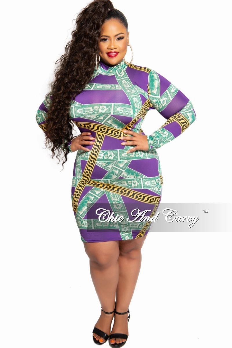 Final Sale Plus Size Mock Neck Money Design BodyCon Dress in Purple Maze Print SeamlessPocketDesign TaglessLabel