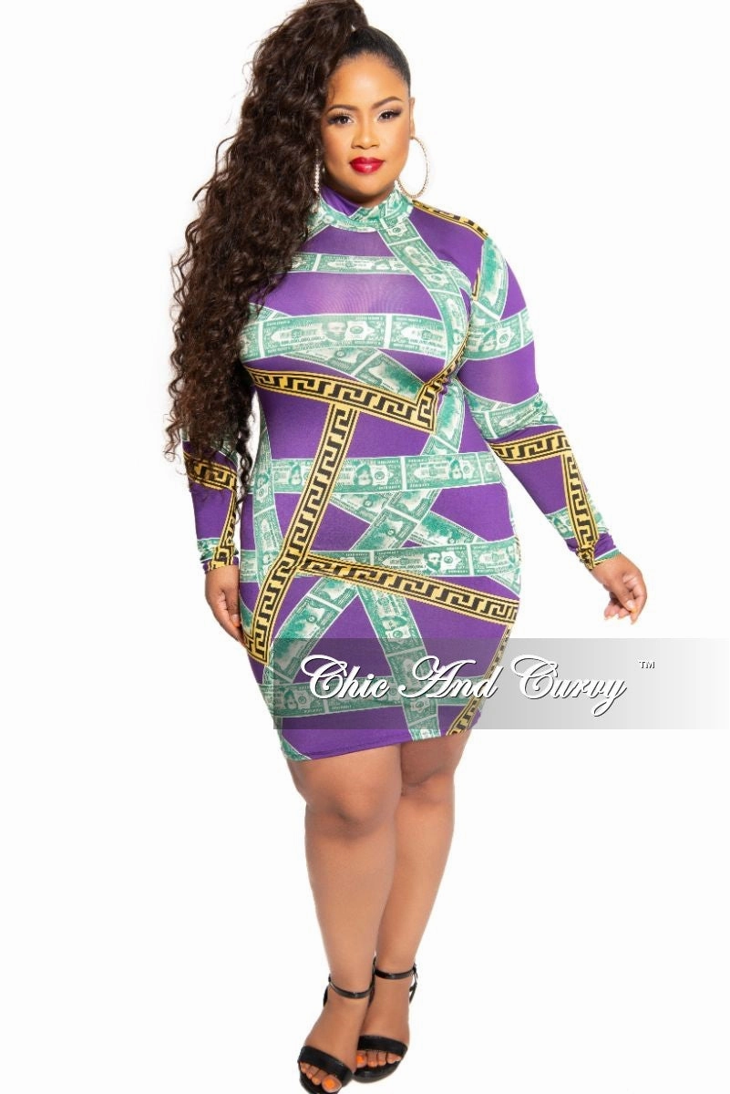 CompressionFitFabric Relaxed fit wear Final Sale Plus Size Mock Neck Money Design BodyCon Dress in Purple Maze Print