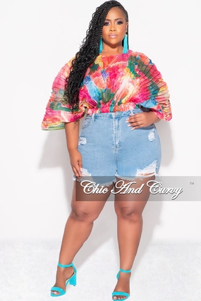 Vintage Wash Final Sale Plus Size Sheer Pleated Top in Pink Multi Color