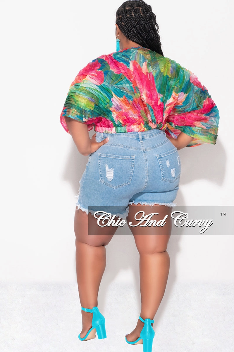 Final Sale Plus Size Sheer Pleated Top in Pink Multi Color Flatlock Seams