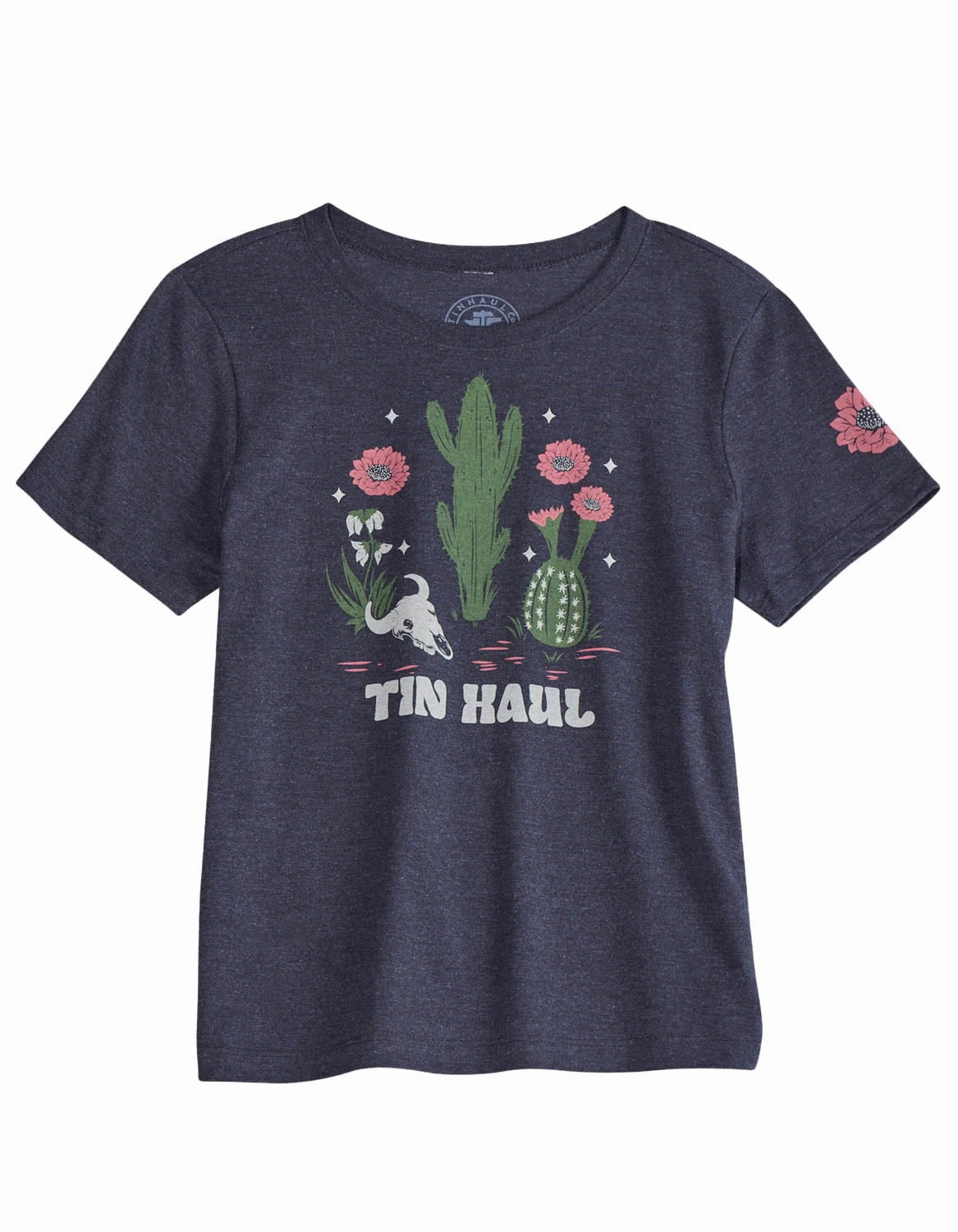 Tin Haul Womens Flower And Cactus Black Cotton Blend S/S T-Shirt Embroidered Detail Premium Pima Cotton