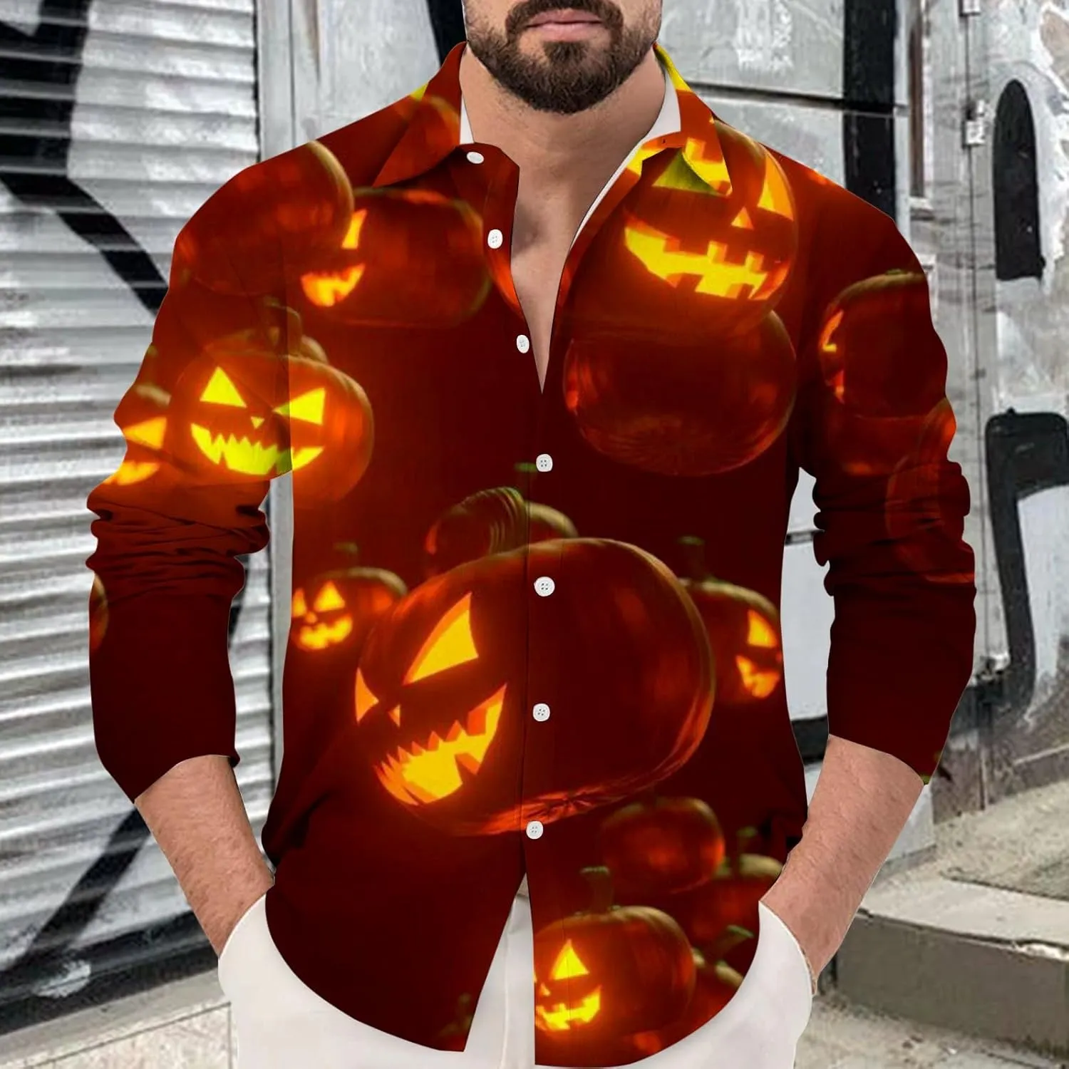 Halloween Shirts for Men Funky 3D Printed Long Sleeve Button Down T Shirt Up Party Dress Shirts Hawaiian Tee Tops