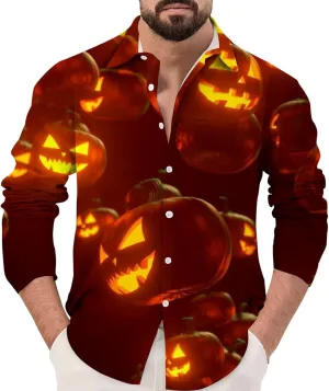Halloween Shirts for Men Funky 3D Printed Long Sleeve Button Down T Shirt Up Party Dress Shirts Hawaiian Tee Tops