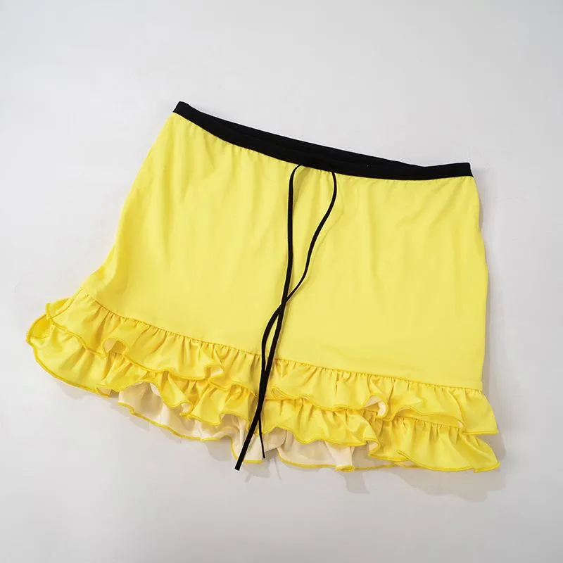 Halter knotted "71" print ruffle tube mini skirt set