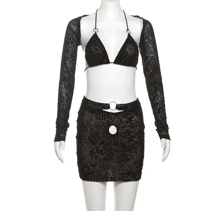 Halter o ring shrug 3 piece mini skirt set