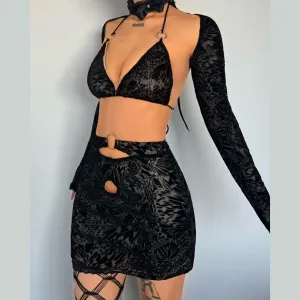 Halter o ring shrug 3 piece mini skirt set