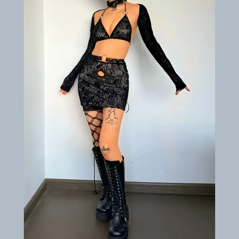 Halter o ring shrug 3 piece mini skirt set