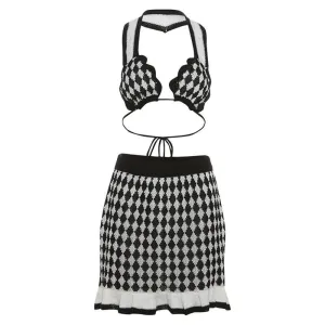 Halter self tie knitted plaid backless mini skirt set