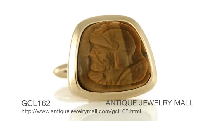 Hand Carved Tiger's Eye Roman Gladiator Cufflinks in 14K Yellow Gold
