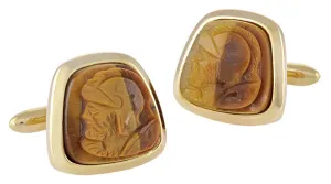 Hand Carved Tiger's Eye Roman Gladiator Cufflinks in 14K Yellow Gold