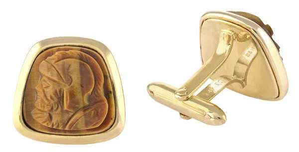 Hand Carved Tiger's Eye Roman Gladiator Cufflinks in 14K Yellow Gold