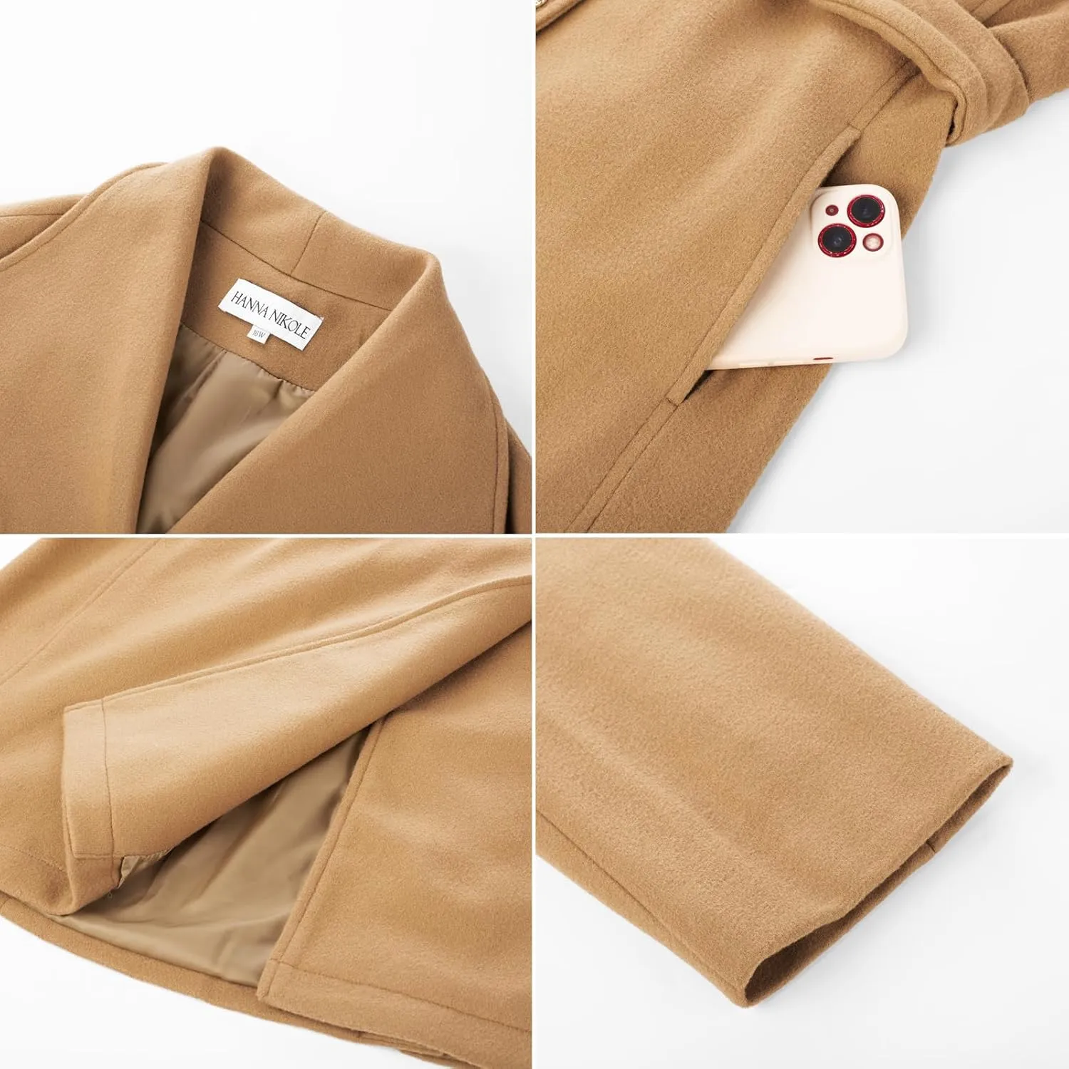 Hanna Nikole Women's Plus Size Winter Wool Coat Double Breasted Peacoats with Belt Notch Lapel Mid-Long Trench Coats 2024