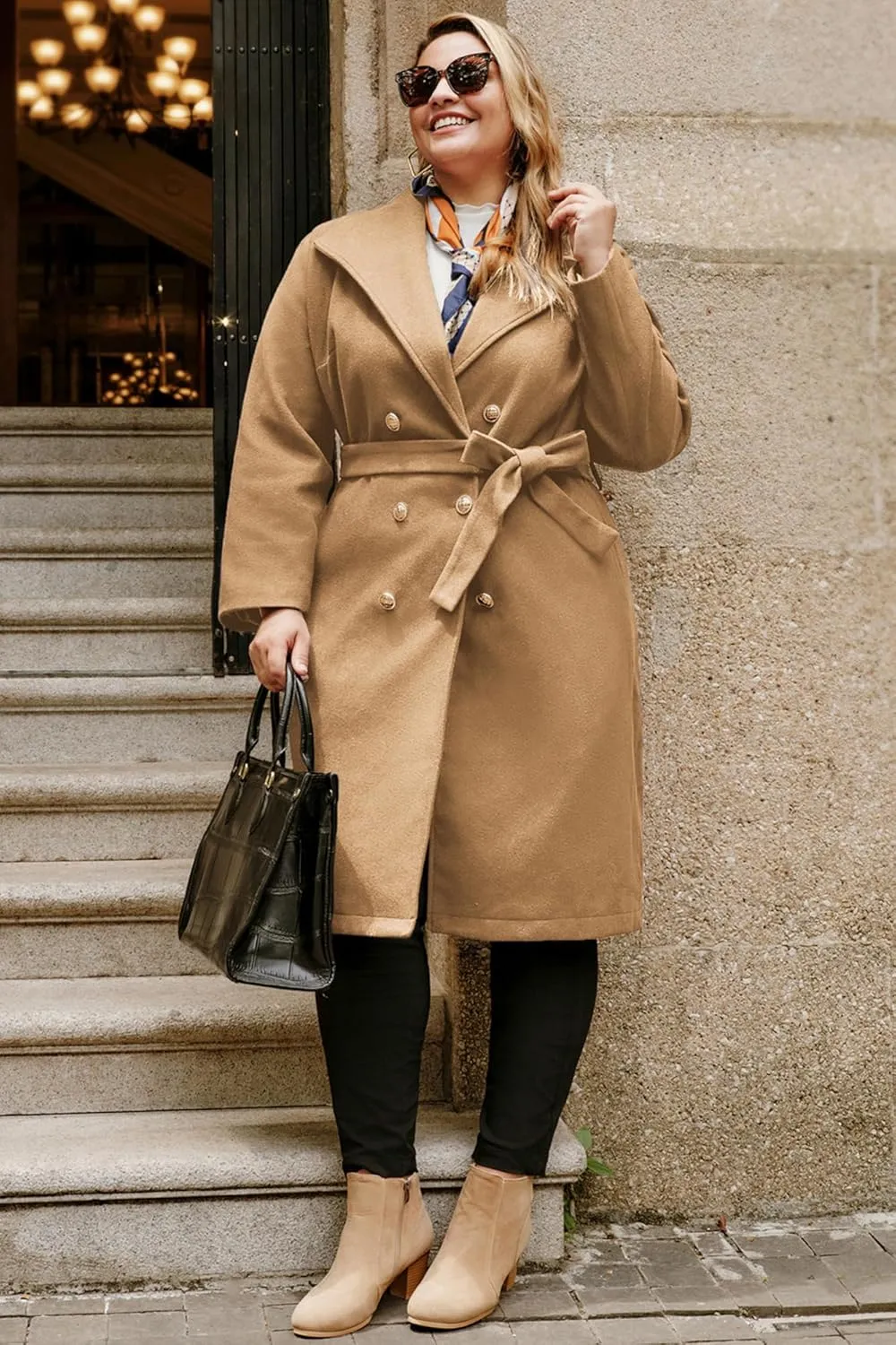 Hanna Nikole Women's Plus Size Winter Wool Coat Double Breasted Peacoats with Belt Notch Lapel Mid-Long Trench Coats 2024