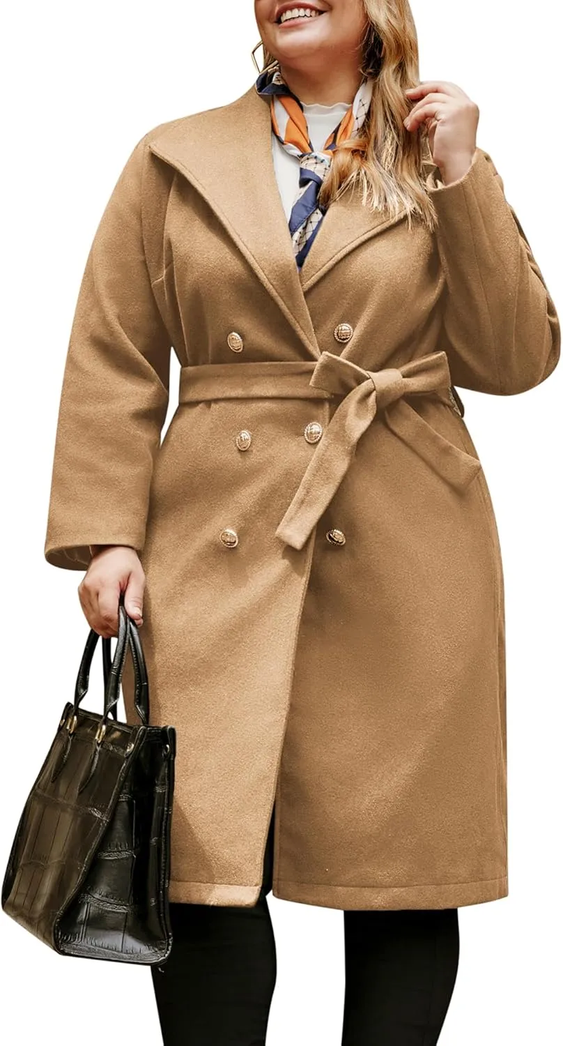Hanna Nikole Women's Plus Size Winter Wool Coat Double Breasted Peacoats with Belt Notch Lapel Mid-Long Trench Coats 2024