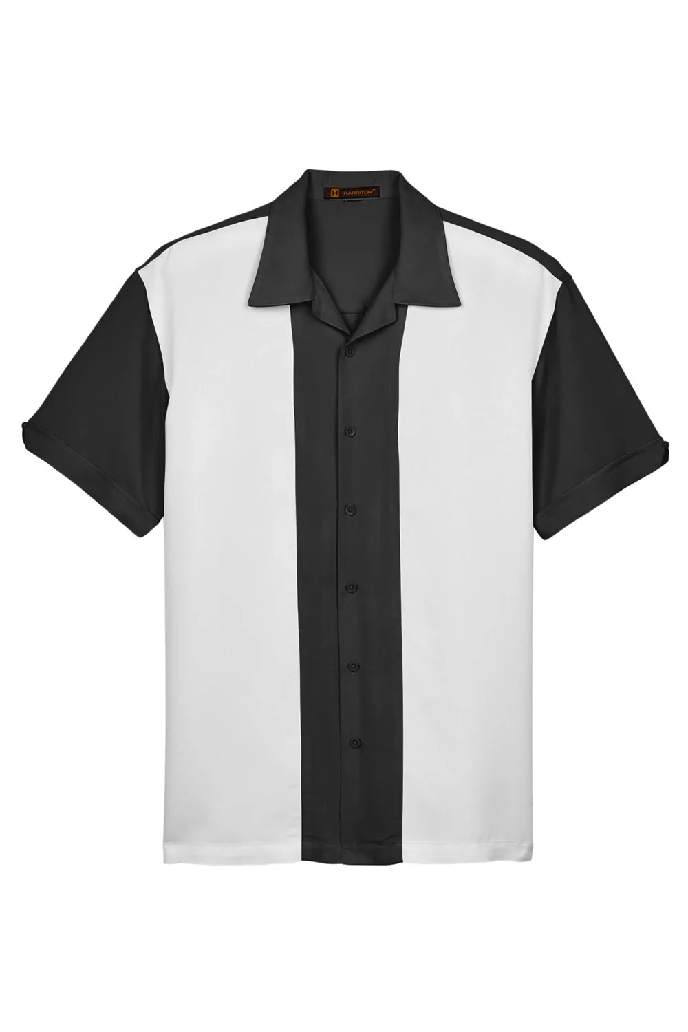 Harriton Mens Bahama Wrinkle Resistant Short Sleeve Button Down Camp Shirt - Black/Cream