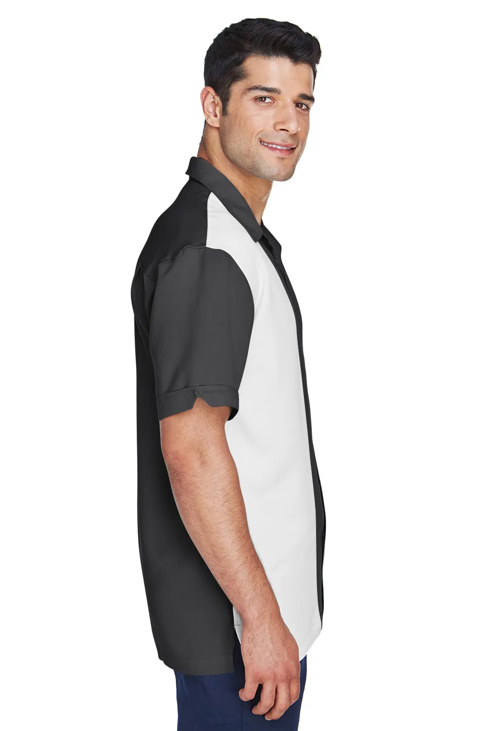 Harriton Mens Bahama Wrinkle Resistant Short Sleeve Button Down Camp Shirt - Black/Cream