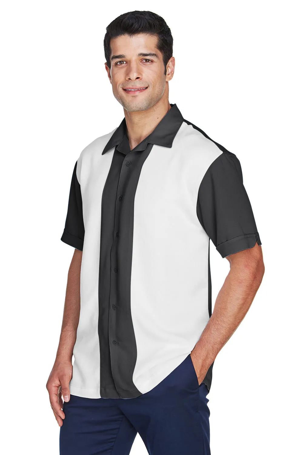 Harriton Mens Bahama Wrinkle Resistant Short Sleeve Button Down Camp Shirt - Black/Cream