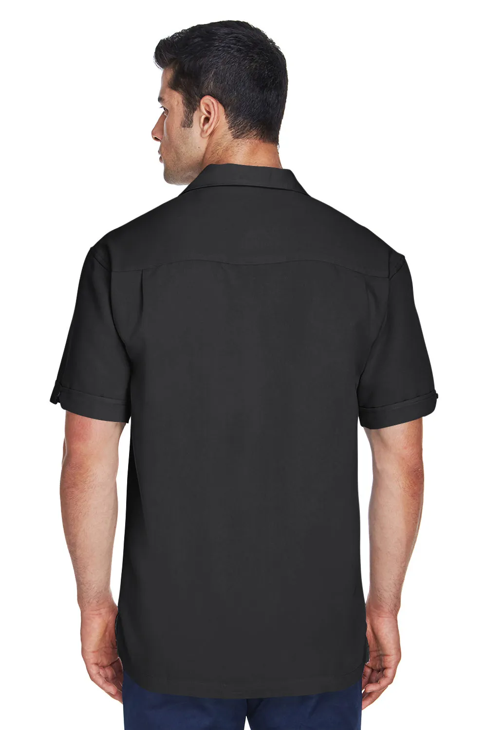 Harriton Mens Bahama Wrinkle Resistant Short Sleeve Button Down Camp Shirt - Black/Cream
