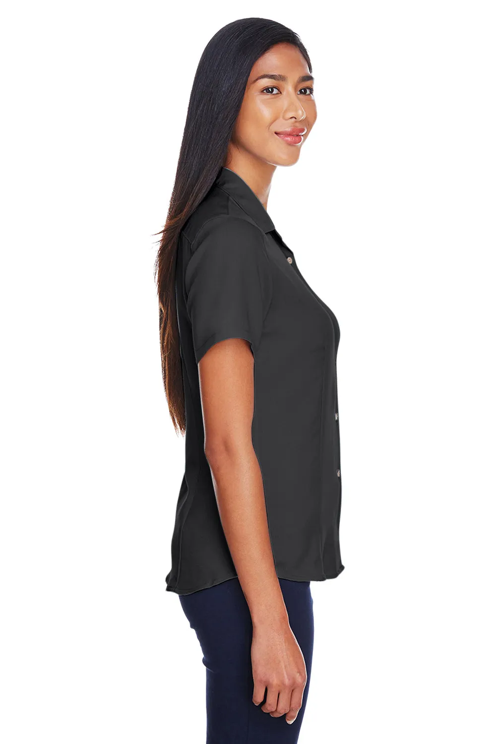 Harriton Womens Bahama Wrinkle Resistant Short Sleeve Button Down Camp Shirt - Black
