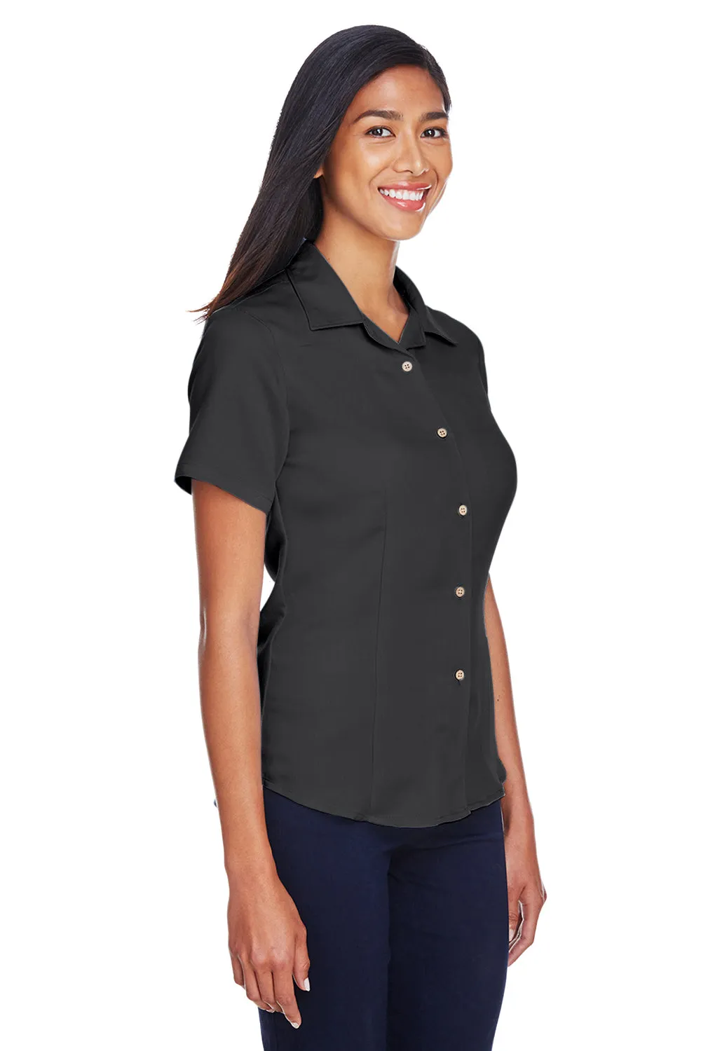 Harriton Womens Bahama Wrinkle Resistant Short Sleeve Button Down Camp Shirt - Black