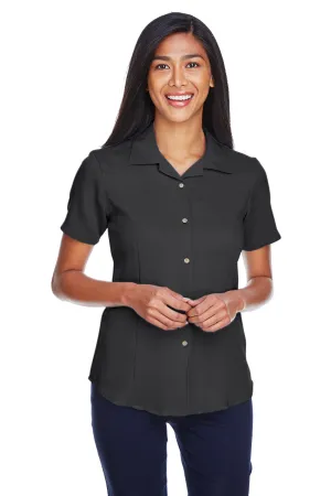 Harriton Womens Bahama Wrinkle Resistant Short Sleeve Button Down Camp Shirt - Black
