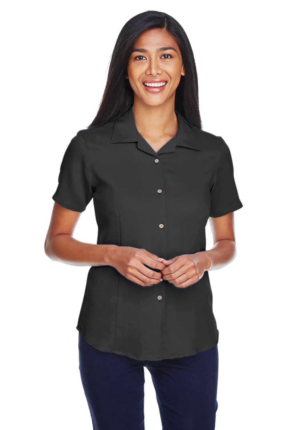 Harriton Womens Bahama Wrinkle Resistant Short Sleeve Button Down Camp Shirt - Black