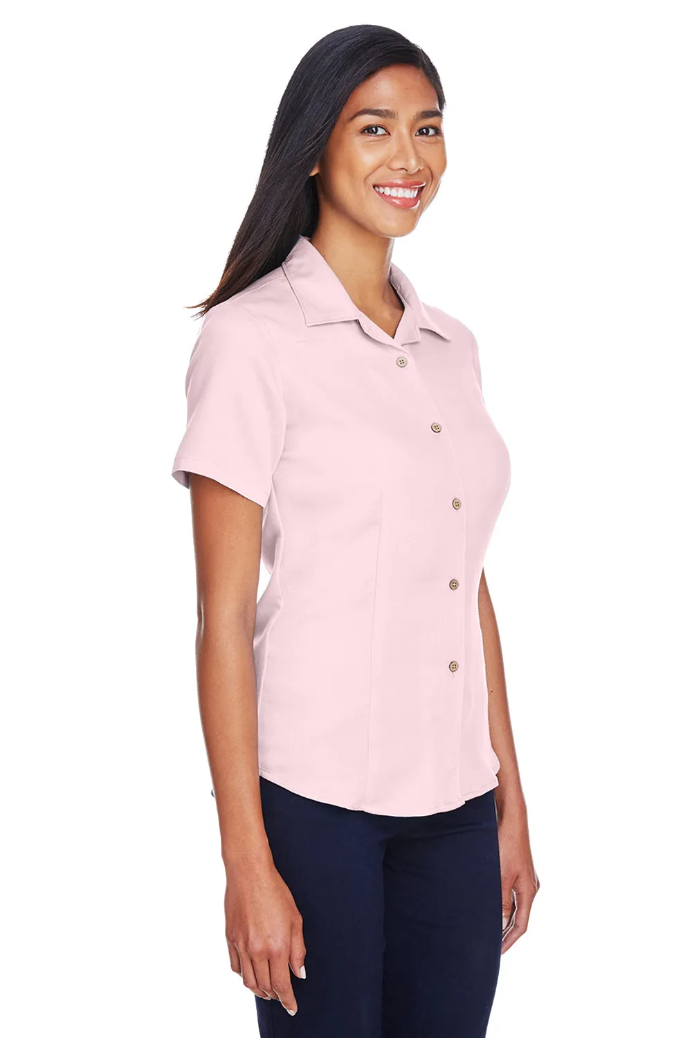 Harriton Womens Bahama Wrinkle Resistant Short Sleeve Button Down Camp Shirt - Blush Pink
