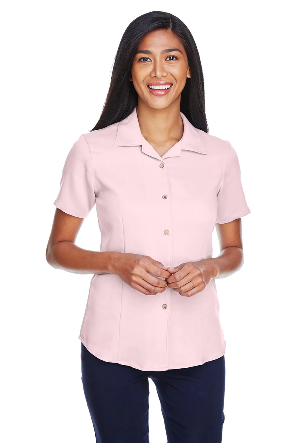 Harriton Womens Bahama Wrinkle Resistant Short Sleeve Button Down Camp Shirt - Blush Pink