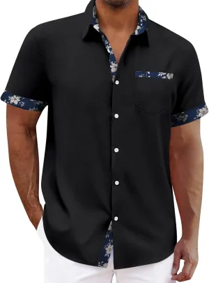 Hawaiian Shirt for Men Button Down Short Sleeve Blouse Stretch V Neck Blouses Summer Beach Aloha Shirts with Pocket
